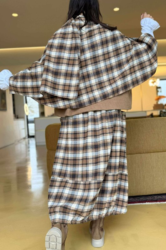 Roberta Plaid Brushed Cotton Drape Cape Camel